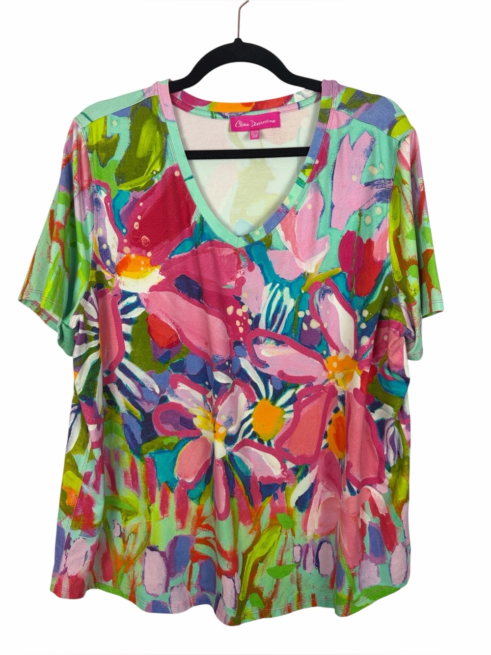Claire Desjardins Floral Abstract Art Print Top XXL Pink Multicolor Bamboo Blend